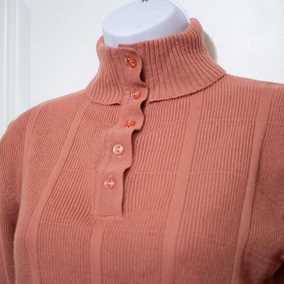Retro Knitivo Sweater Mockneck Coral Peach Ribbed Button Top Korea | Soft Autumn - Picture 2 of 7